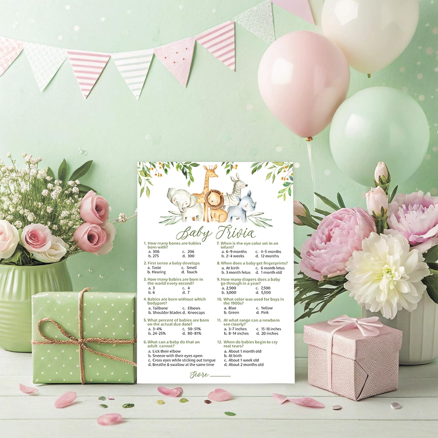 Safari Animals Baby Shower Games — Baby Trivia Game — Pack Of 25, Country Rustic Jungle Theme, Welcome To The Wild Shower Gender Neutral Fun Baby Facts Game Couples Shower Activity G550-Trv