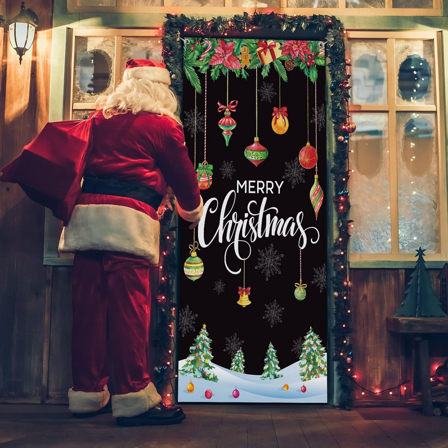 Merry Christmas Door Cover 35 X 71 Inch Christmas Ball Door Cover Backdrops Xmas Tree Banner Background Xmas Snowflake Porch Hanging Decorations(Black)
