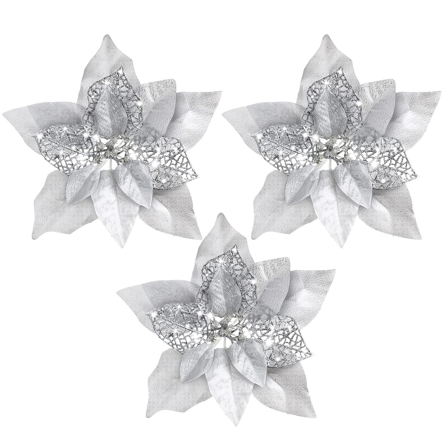 30 Pieces 8 Inches Large Christmas Artificial Poinsettia Flower Christmas Tree Glitter Faux Flowers Floral Wreath Garland Xmas Tree Ornaments For Wedding Holiday Wreath Diy (Silver)