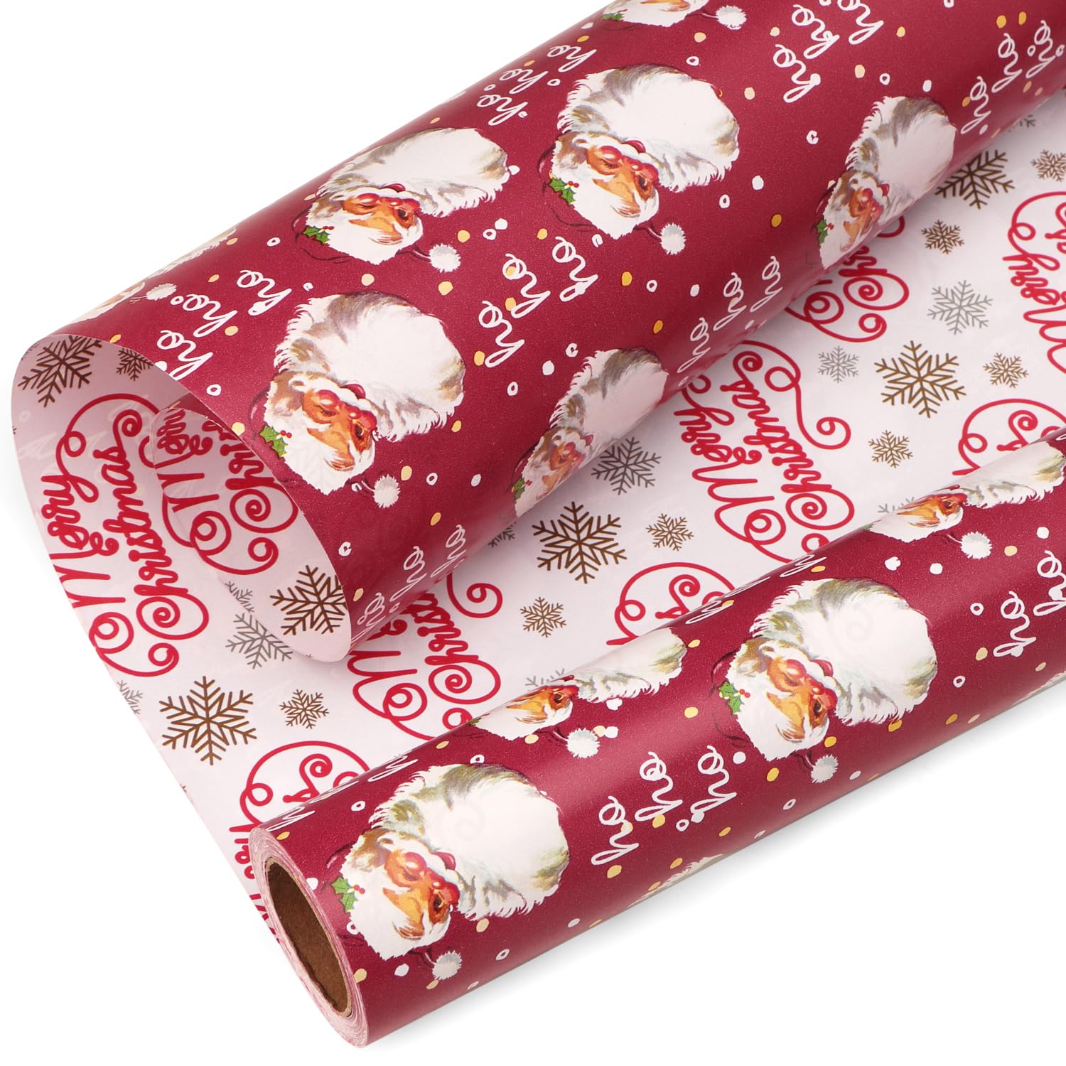 Christmas Wrapping Paper Reversible Vintage Santa And Merry Christmas Red White Gift Wrapping Paper Rolls-17 Inch X 33 Feet