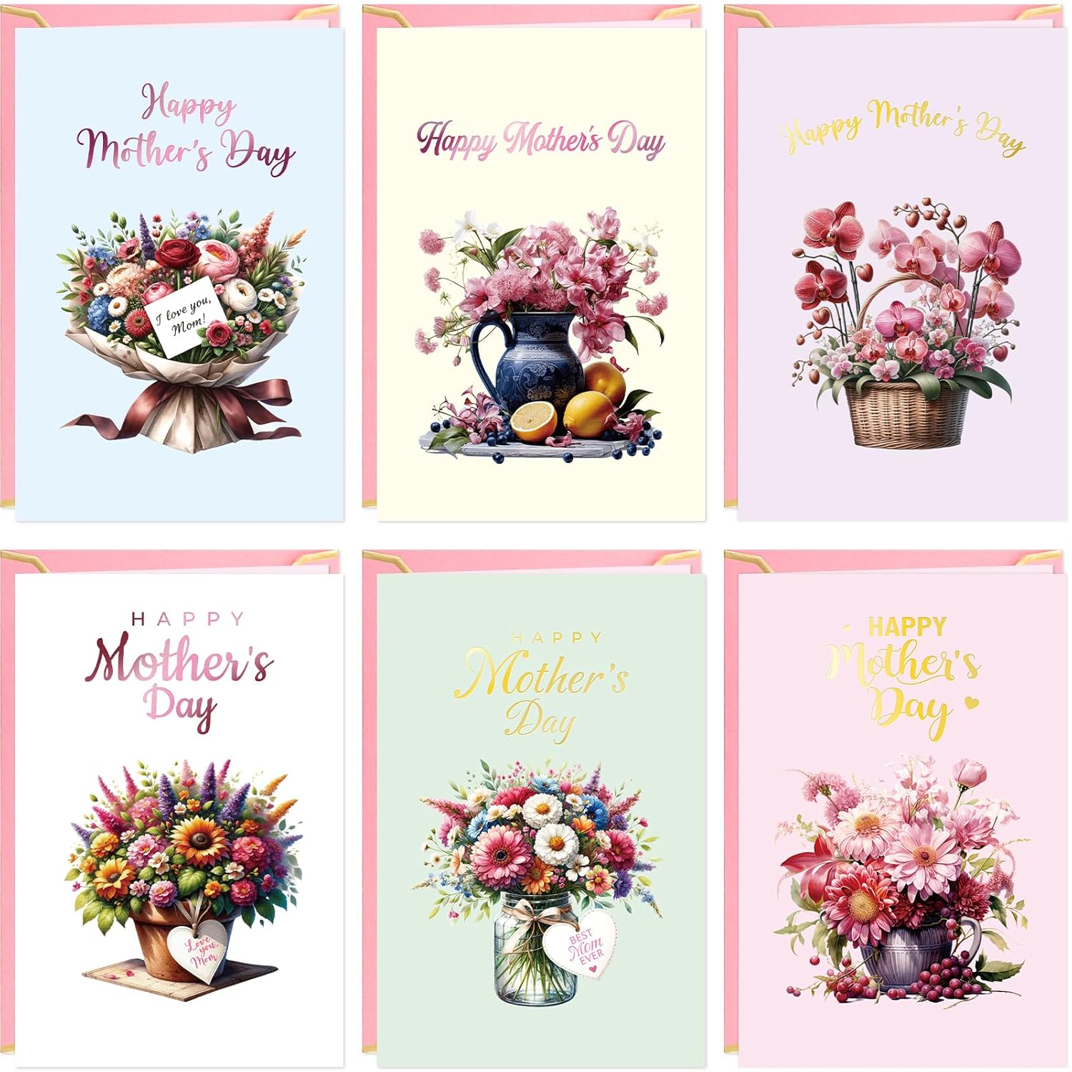 Happy Mothers Day Cards Bulk Mother'S Day Cards Pack With Envelopes And Stickers 24Pcs Message Inside 4 X 6 Inch From Daughter Son For Mom Flowers Floral Design