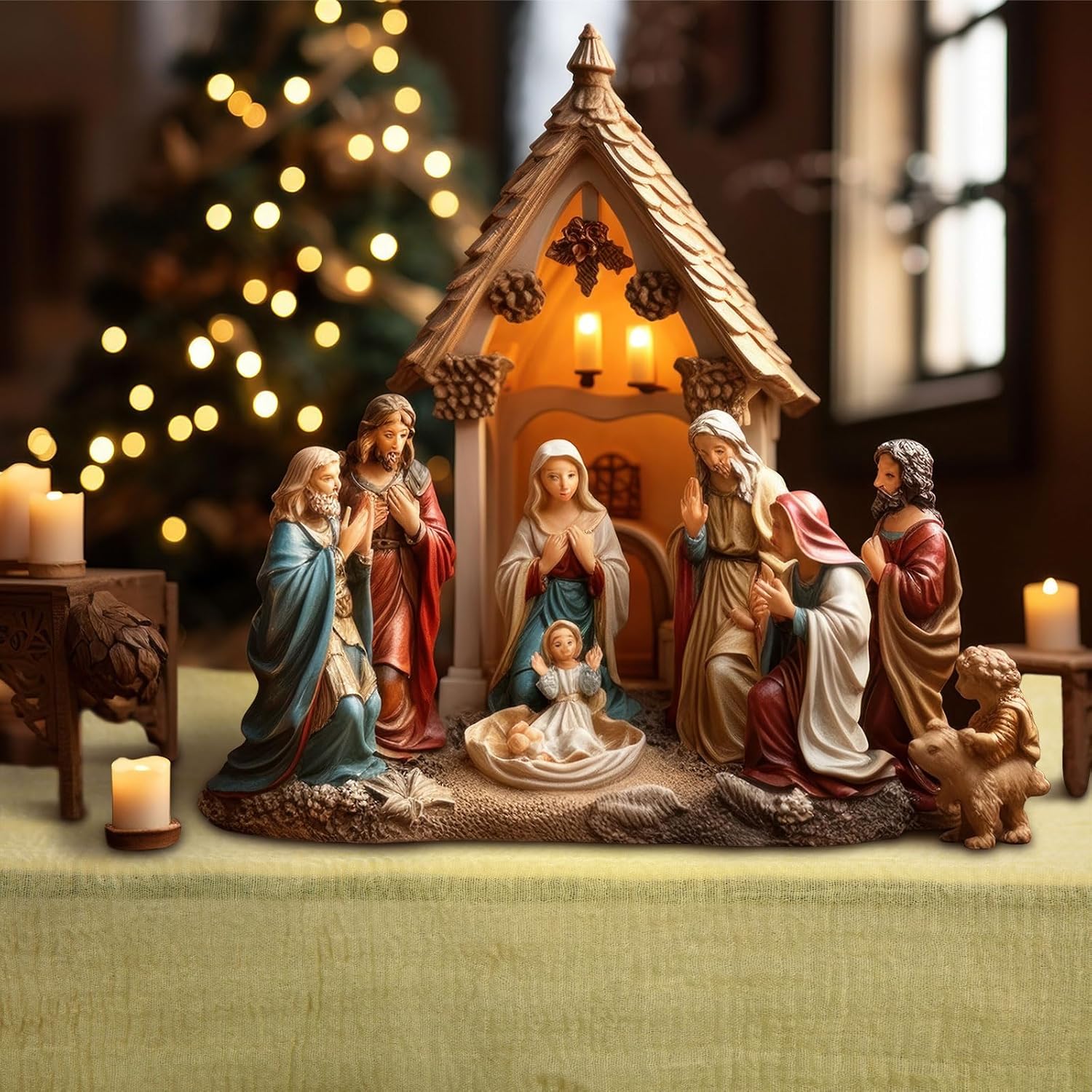 2 Pcs Christmas Nativity Table Runner With Nativity Raffia Grass 70.87 X 37.4 Inch Nativity Scene Decoration Rustic Nativity Tablecloth For Christmas Party Kitchen Farmhouse Home Table