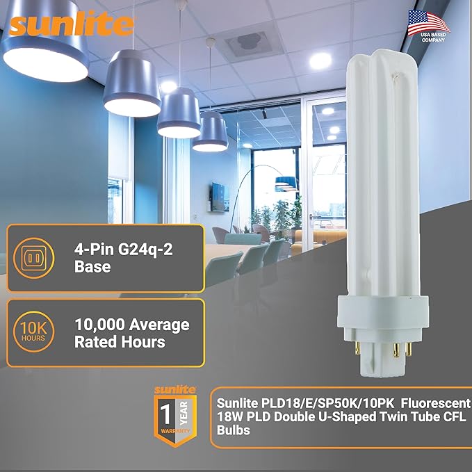 G24Q-2 CFL Light Bulbs 10 Pack 18W 5000K Daylight 4 Pin Double U Twin Tube