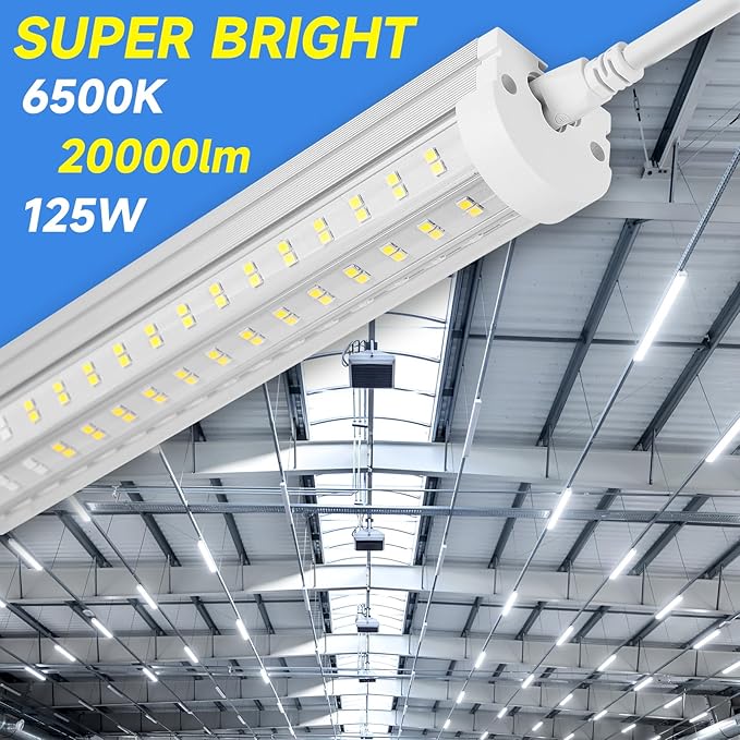 6 Pack 8FT U Shape LED Ceiling Lights 125W 20000LM 6500K Linkable Plug and Play Garage Lights