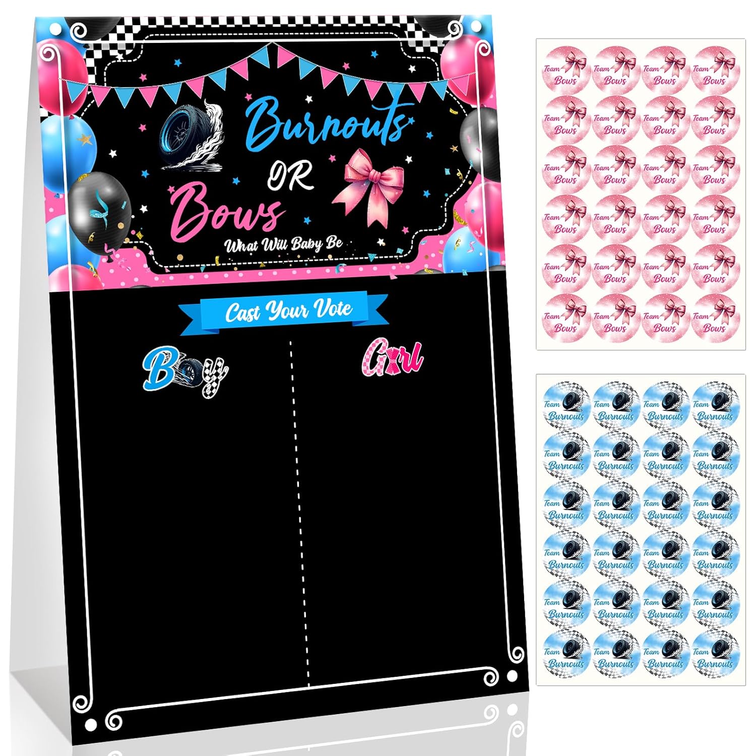 49Pcs Gender Reveal Party Games, Burnouts Or Bows Theme Baby Gender Reveal Voting Board Sign,Boys Girls Burnouts Or Bows Voting Stickers, He Or She, Decorations For Boy Or Girl Baby Shower