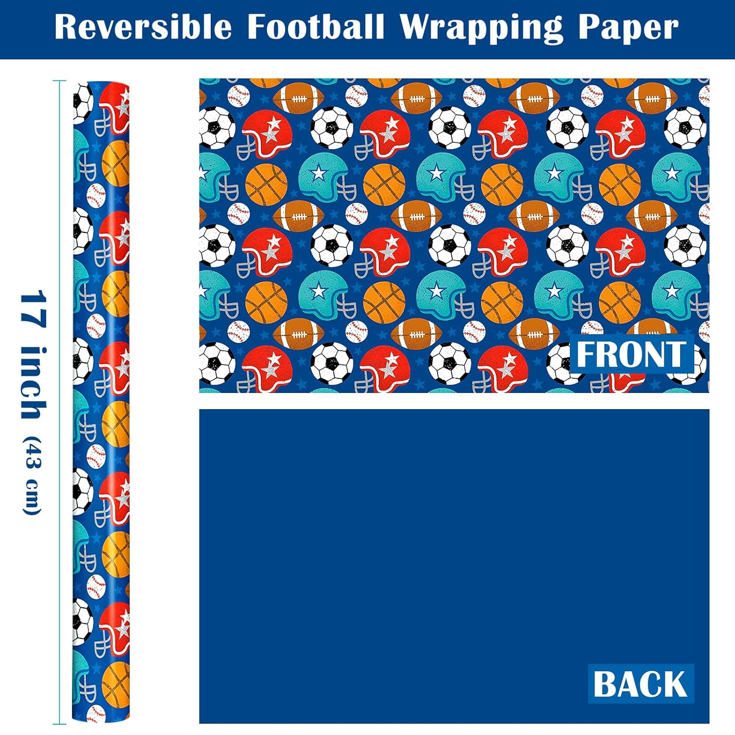 Reversible Football Wrapping Paper - Mini Roll - 17 Inch X 33 Feet - Ball Design With Solid Blue Design For Birthday, Holiday, Baby Shower