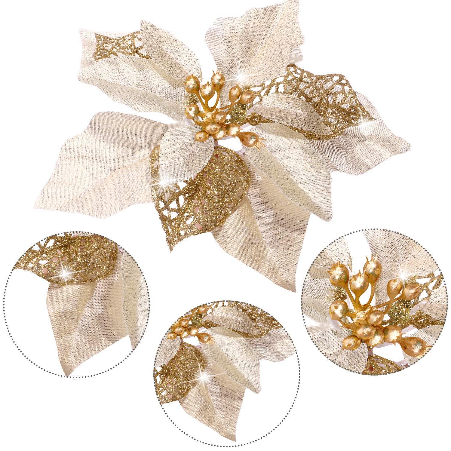 24 Pieces Christmas Artificial Glitter Poinsettia Flowers Xmas Flowers Wedding Christmas Tree New Year Ornaments(Gold)