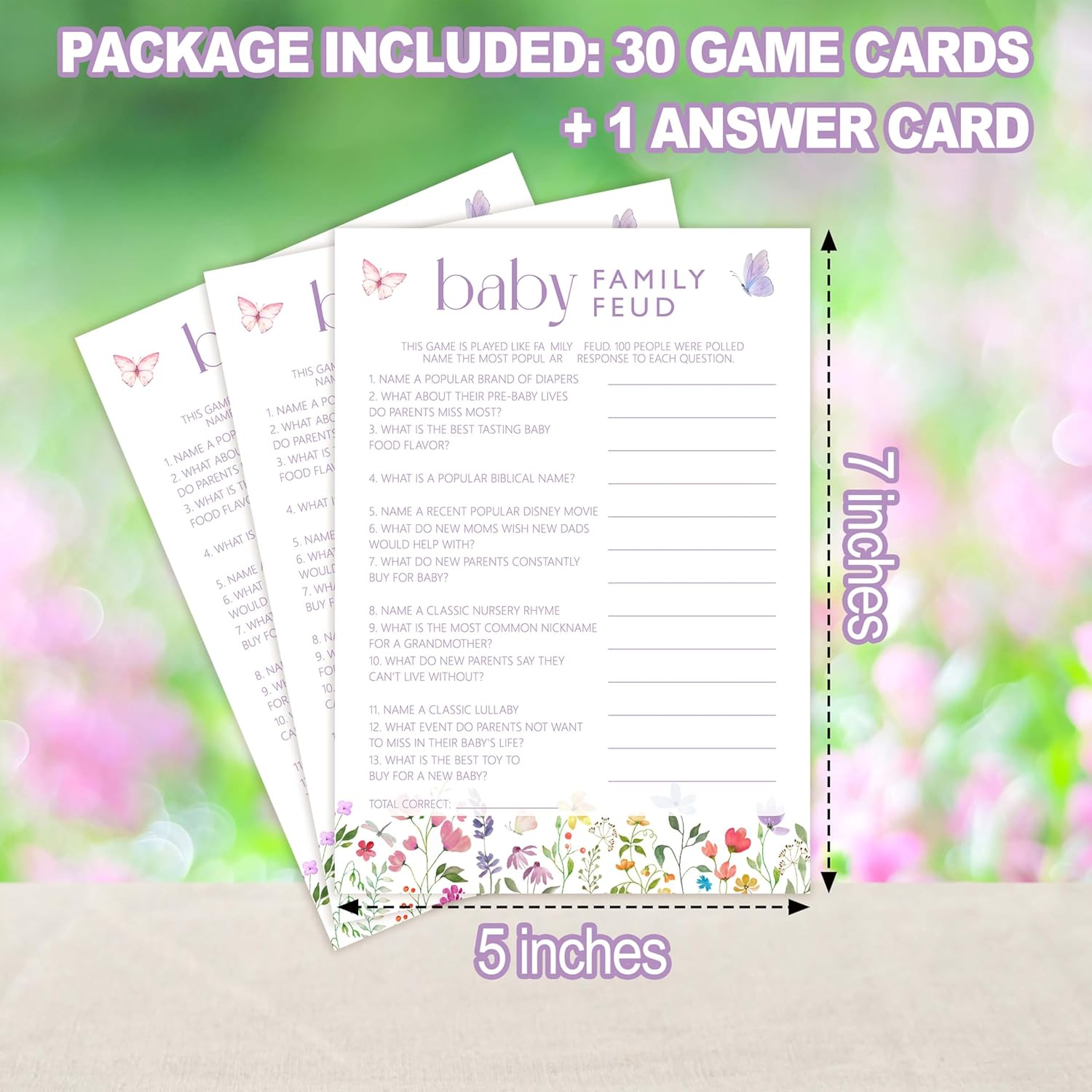 Shower Games, 30 Butterfly Family Feud Game Cards + 1 Answer Card, Spring Gender Reveal Party Decorations Supplies Favors - G06