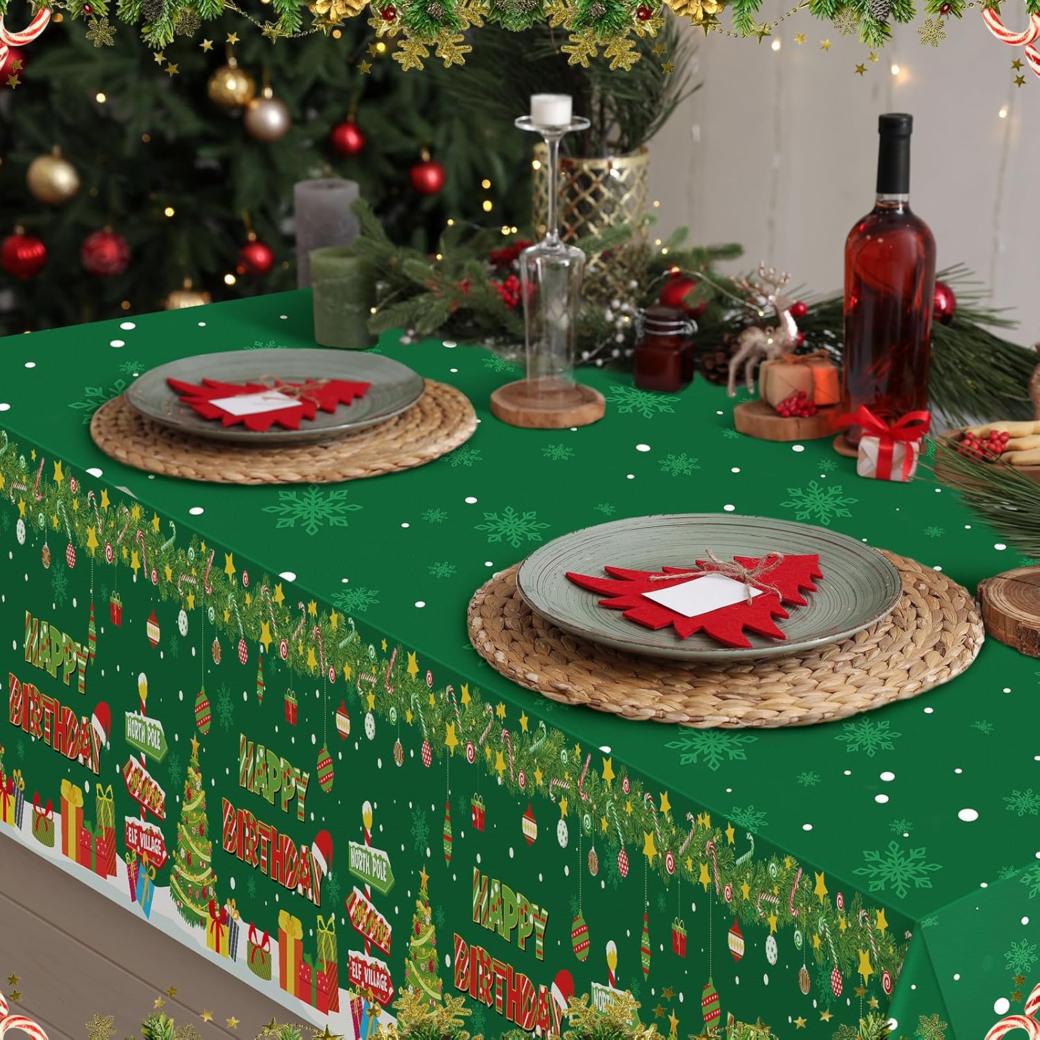 3 Pack Christmas Birthday Tablecloth Disposable Xmas Happy Birthday Table Cover For Merry Christmas Party Supplies, 54 X 108 Inch
