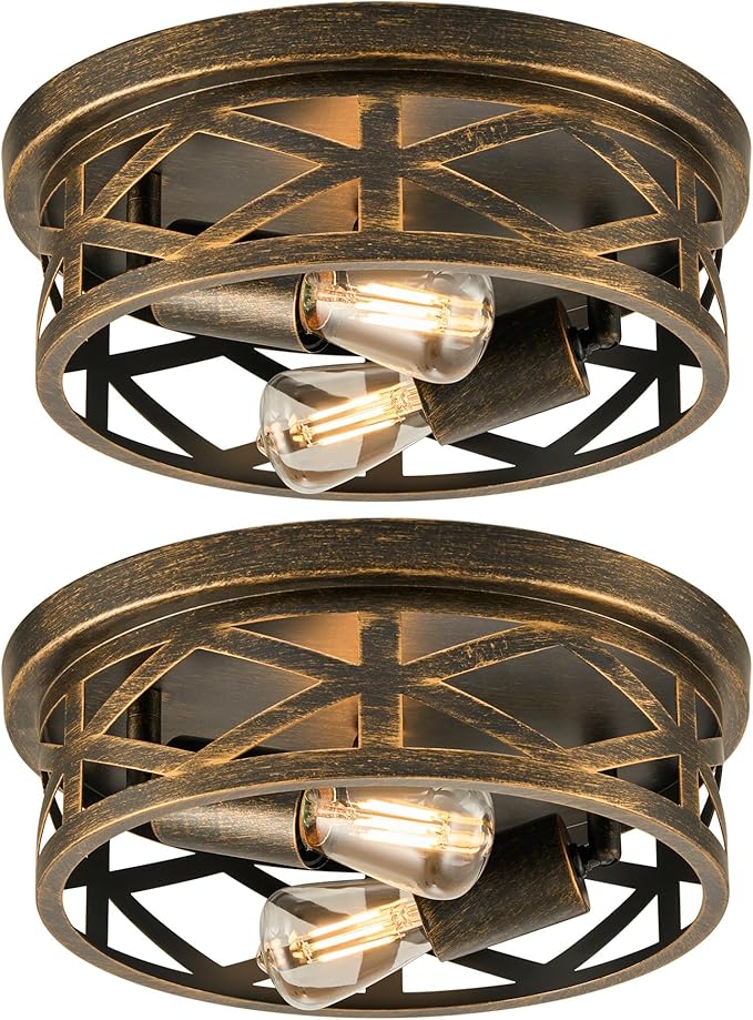 2 Pack Farmhouse Metal Cage Ceiling Lights Oil Rubbed Bronze Flush Mount Fixtures