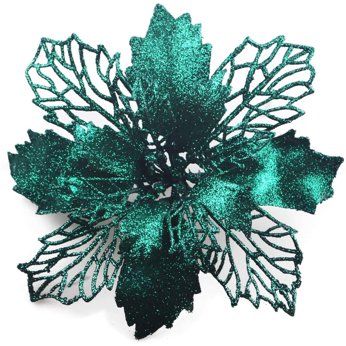 12 Pieces 6.3’’ Glitter Christmas Flowers Blackish Green Poinsettia Artificial Flower Christmas Tree Flowers Wreath Tree Ornaments With 12 Pcs Green Flower Stem