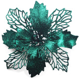 12 Pieces 6.3’’ Glitter Christmas Flowers Blackish Green Poinsettia Artificial Flower Christmas Tree Flowers Wreath Tree Ornaments With 12 Pcs Green Flower Stem