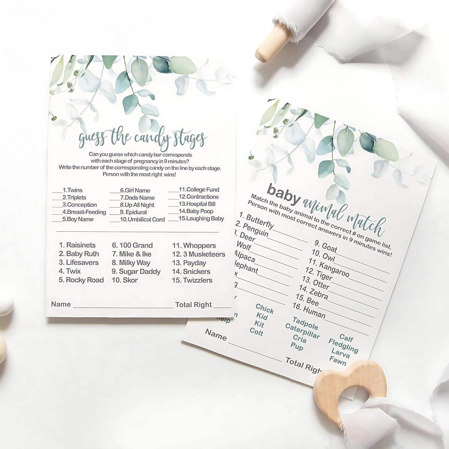 Greenery Baby Shower Animal Matching And Candy Bar Match Games, 25 Each, Double Sided 5X7 Cards, Rustic Eucalyptus And Gold Themed