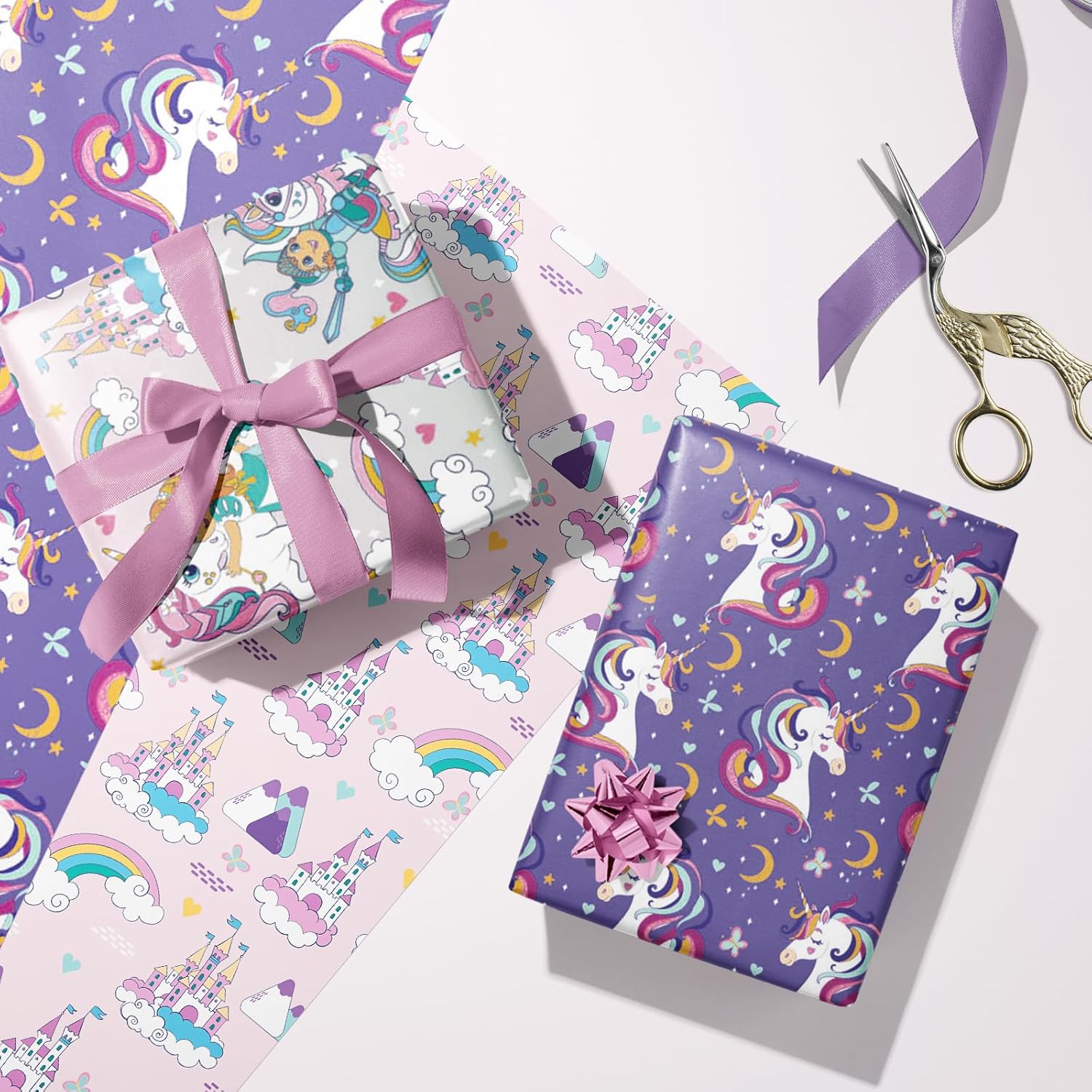 Unicorn Birthday Wrapping Paper Roll For Kids Girls Women, Purple Unicorn Wrapping Paper Rolls, Castle & Rainbow Gift Wrap For Birthday, Baby Shower Party Favor, 17 X 120 Inches, 3 Rolls