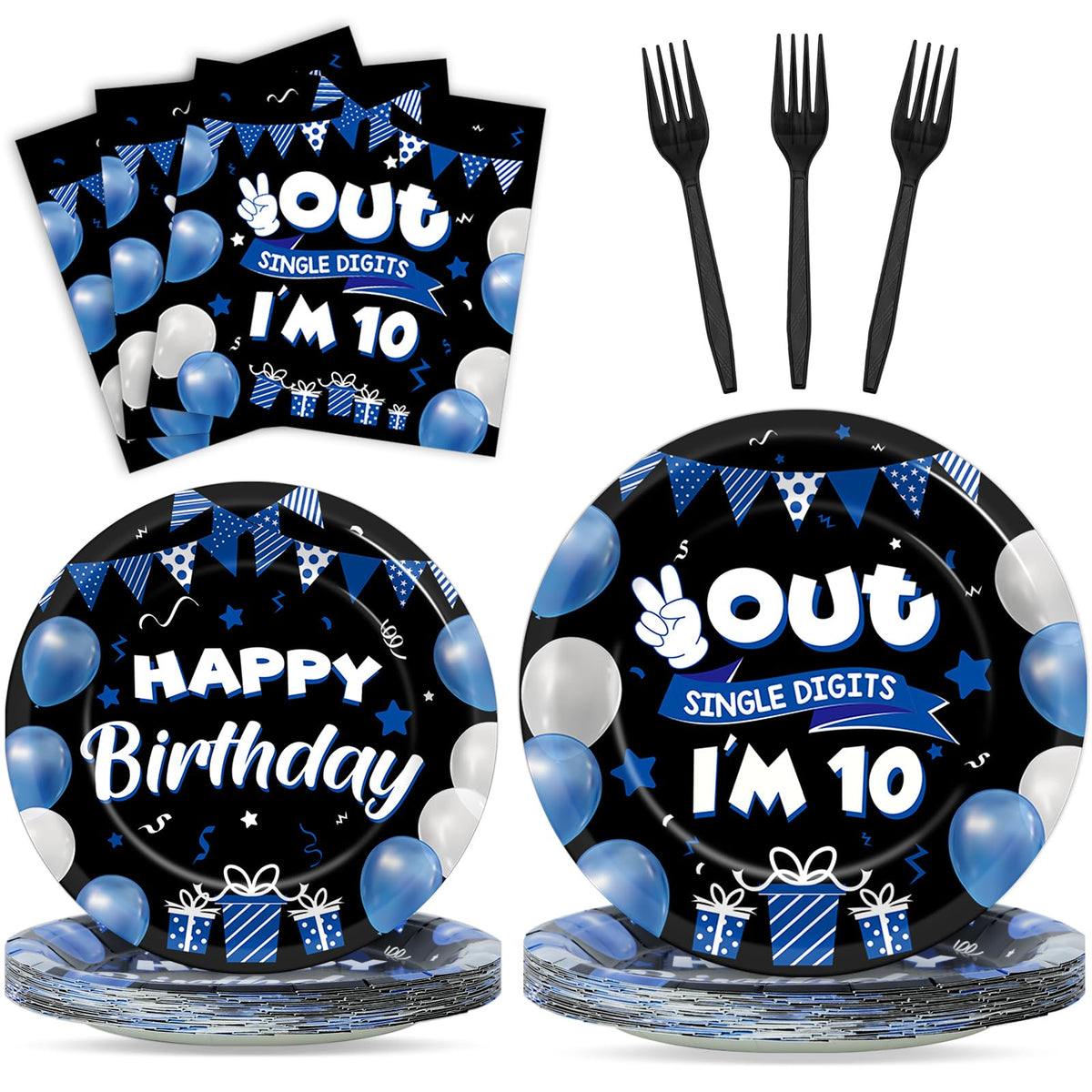 96pcs 10th Birthday Party Plates and Napkins, Blue and Black 10th Birthday Decorations for Boys Girl Double Digits 10 Birthday Party Dessert Plates, Happy 10 Years Old Tableware Decor, Serves 24