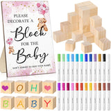 75 Pcs Baby Shower Games Sign Kit Including Decorate A Block Game Sign 50 Diy Blank Wooden Block 24 Acrylic Paint Marker Baby Shower Prize For Winners Gender Reveal, Bear, Pink