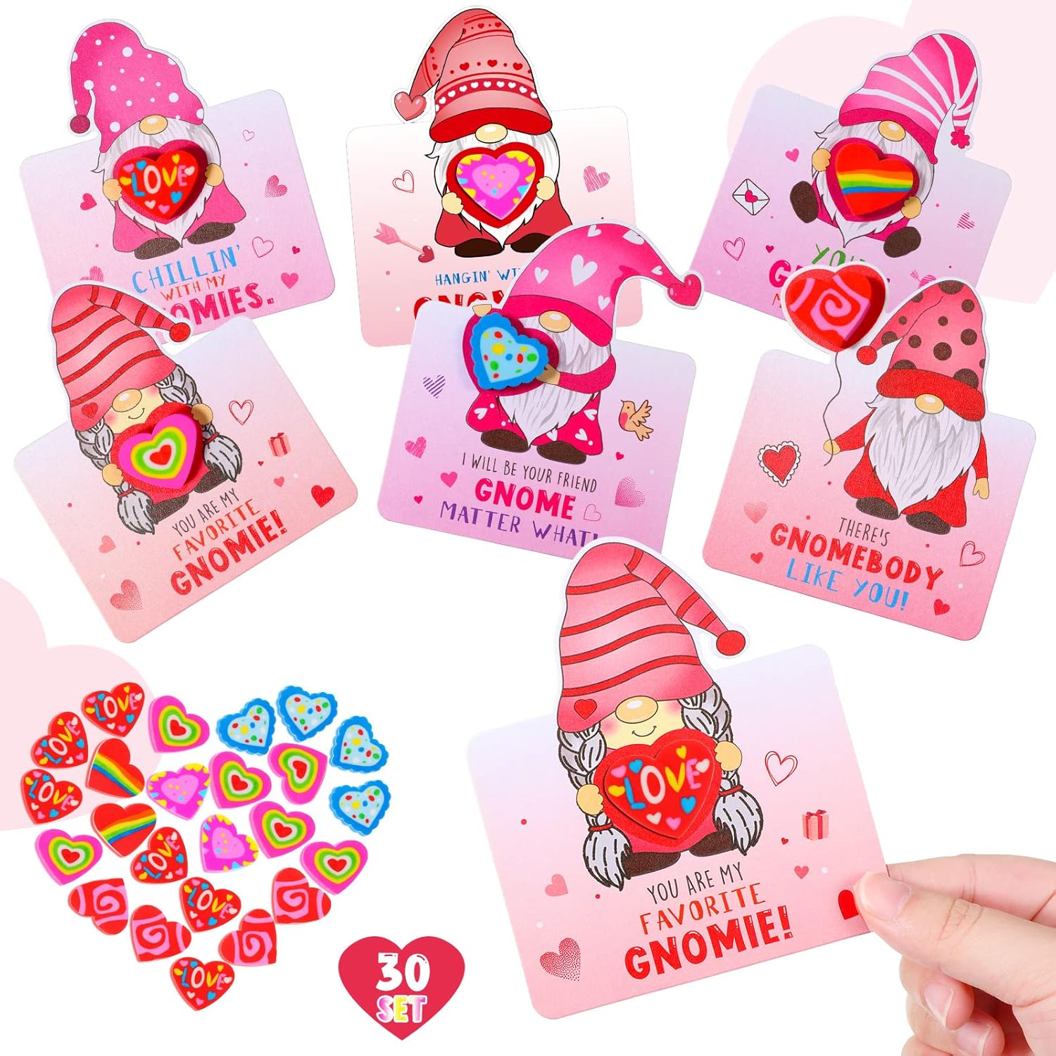 30 Sets Valentine Cards With Erasers For Classroom Gnome Pink Red To From Greeting Cards Bulk With Heart Erasers For Valentines School Love Gifts Exchange Party Favors Students Prizes