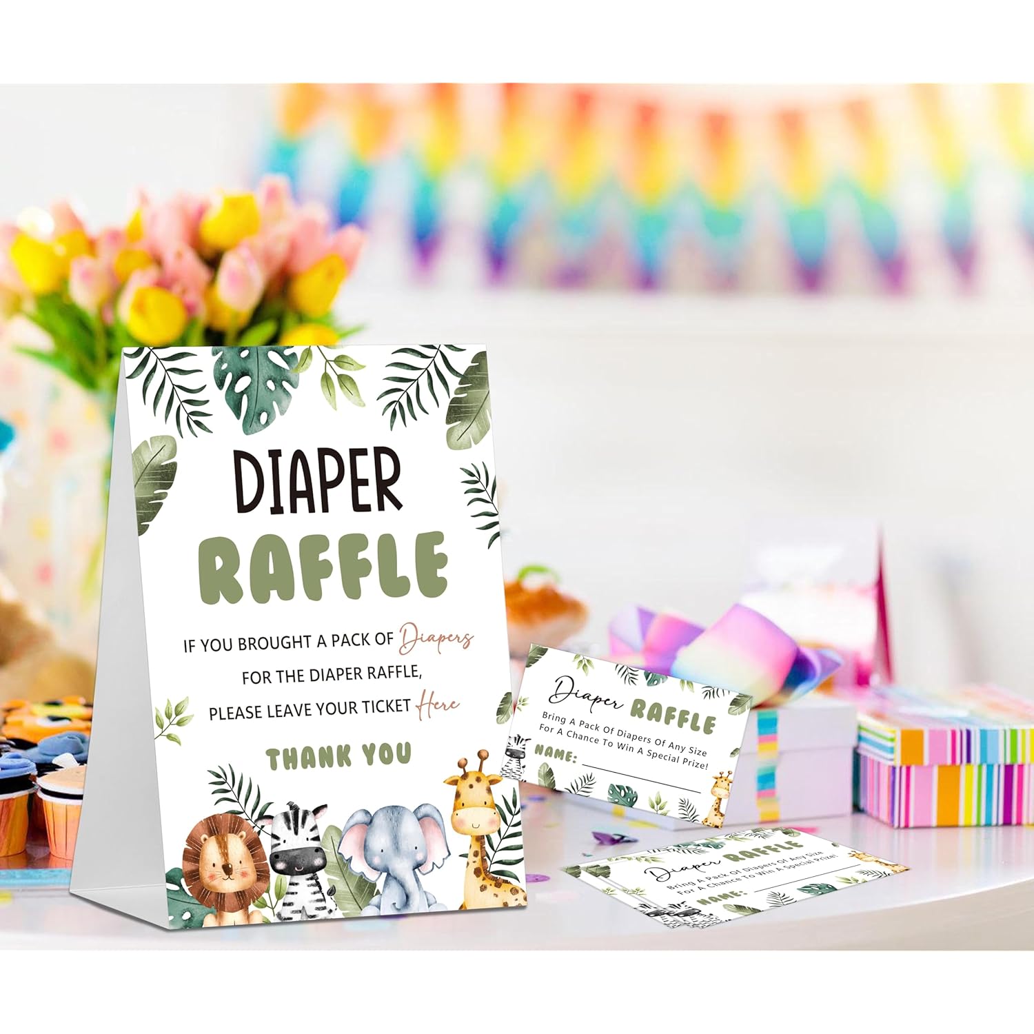 Baby Shower Games Diaper Raffle, 1 Sign & 50 Cards, Safari Jungle Wild Animal Diaper Raffle Tickets For Baby Shower, Gender Neutral Decoration Gender Reveal Party Games Supplies-Lt47