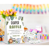 Baby Shower Games Diaper Raffle, 1 Sign & 50 Cards, Safari Jungle Wild Animal Diaper Raffle Tickets For Baby Shower, Gender Neutral Decoration Gender Reveal Party Games Supplies-Lt47