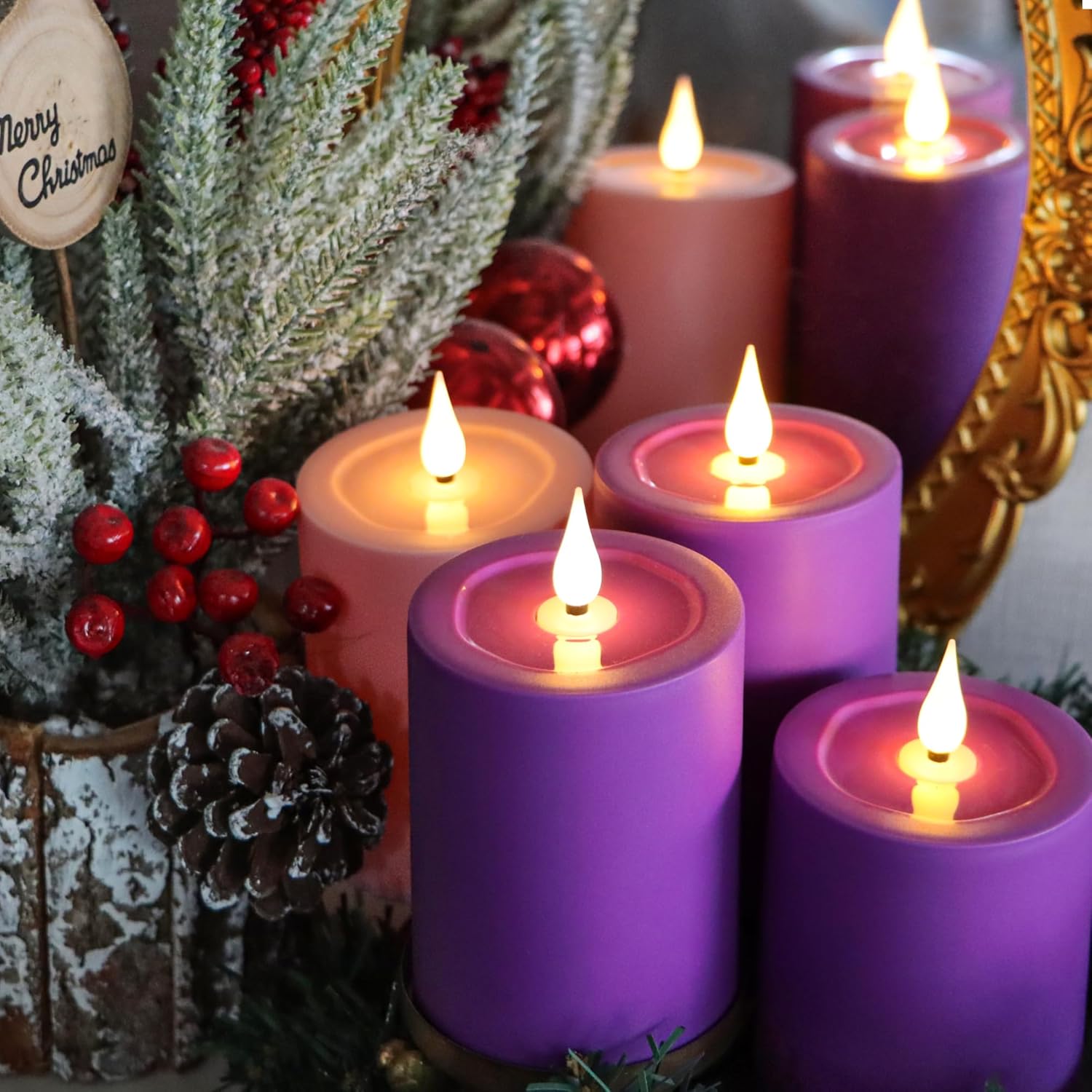Flameless Advent Candles Purple And Pink, 5 Inch Battery Operated Led Pillar Candles With Remote Timer, 350+ Hours Long Lasting For Christmas Rituals And Wreath, Set Of 4