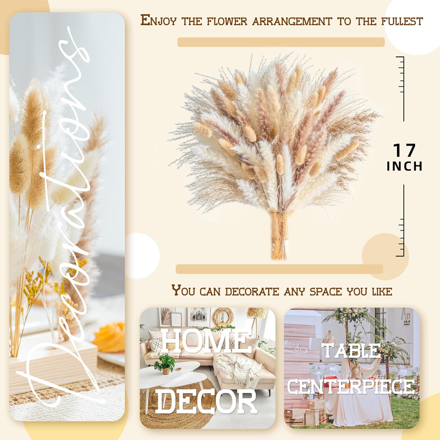 180Pcs Natural Pampas Grass Mix Bouquet | Dried Pampas Bouquet For Wedding Boho Flowers Home Table Decor Desk Decor, Rustic Farmhouse Decor (180Pcs)