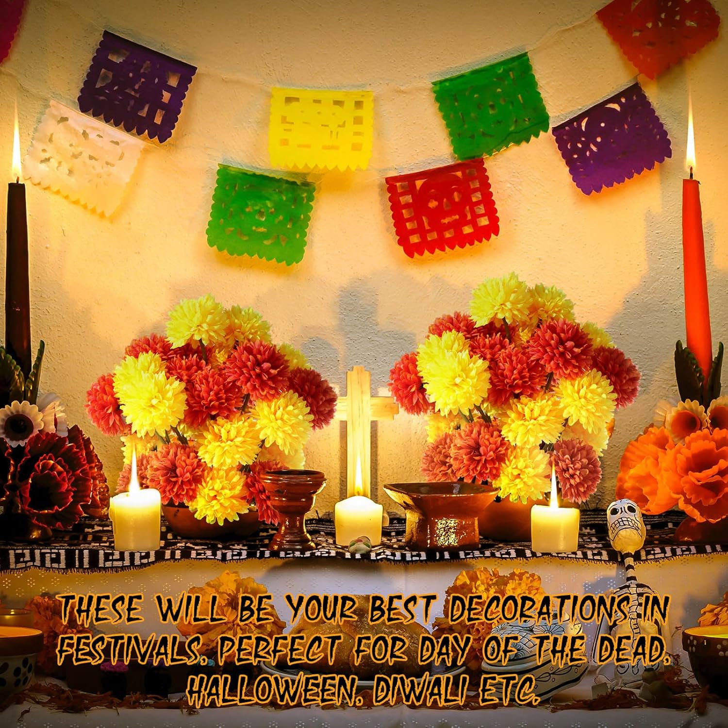 24 Pcs Marigold Flowers Bulk Halloween Chrysanthemum Ball Bouquets For Day Of Dead 2.76" Artificial Flowers For Diwali Indian Decor Diy Wreath Garland (Orange,Yellow)