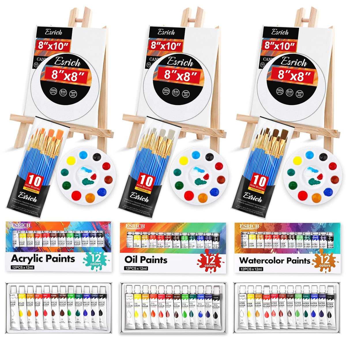 78Pack Acrylic Paint Set, Painting Kits For Adults, Paints Kit With3 Pack Of 12 Colors Paint 3 Sets Of Wooden Easels, Canvas, Brushes, Palette, Art Paint Supplies Kit For Adults Beginner