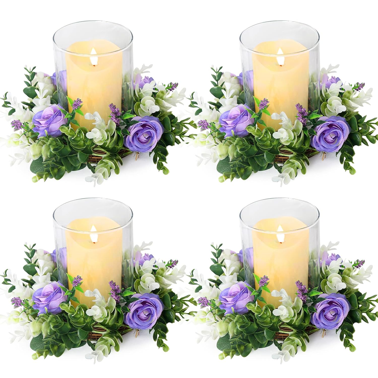 4 Pcs Purple Rose Candle Rings - Artificial Floral Wreaths With Eucalyptus Leaves Greenery Flower Wreaths For Pillar Farmhouse Wedding Centerpiece Party Home Decor