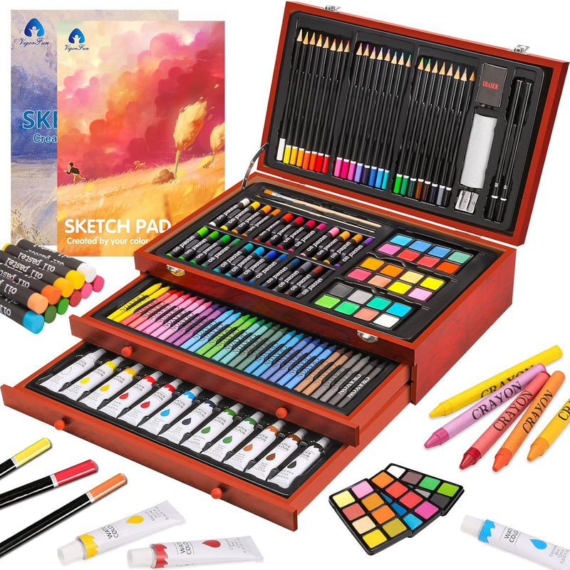 Art Supplies, 174-Piece Super Deluxe Wooden Art Set Crafts Drawing Kit With 2