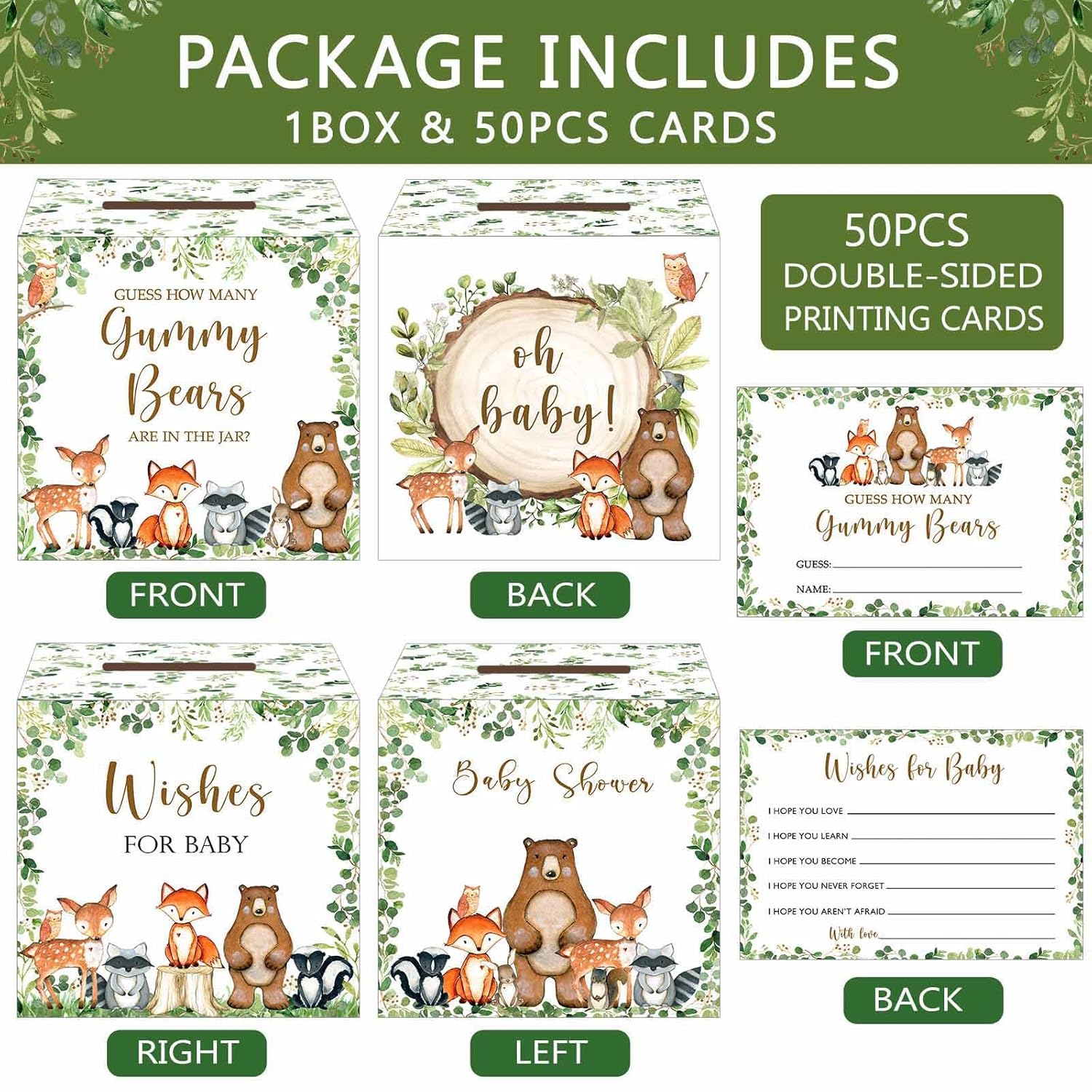 Guess How Many Gummy Bears Guessing Game, Woodland Forest Baby Shower Game Box And Wishes For Baby Cards, Gender Neutral Shower