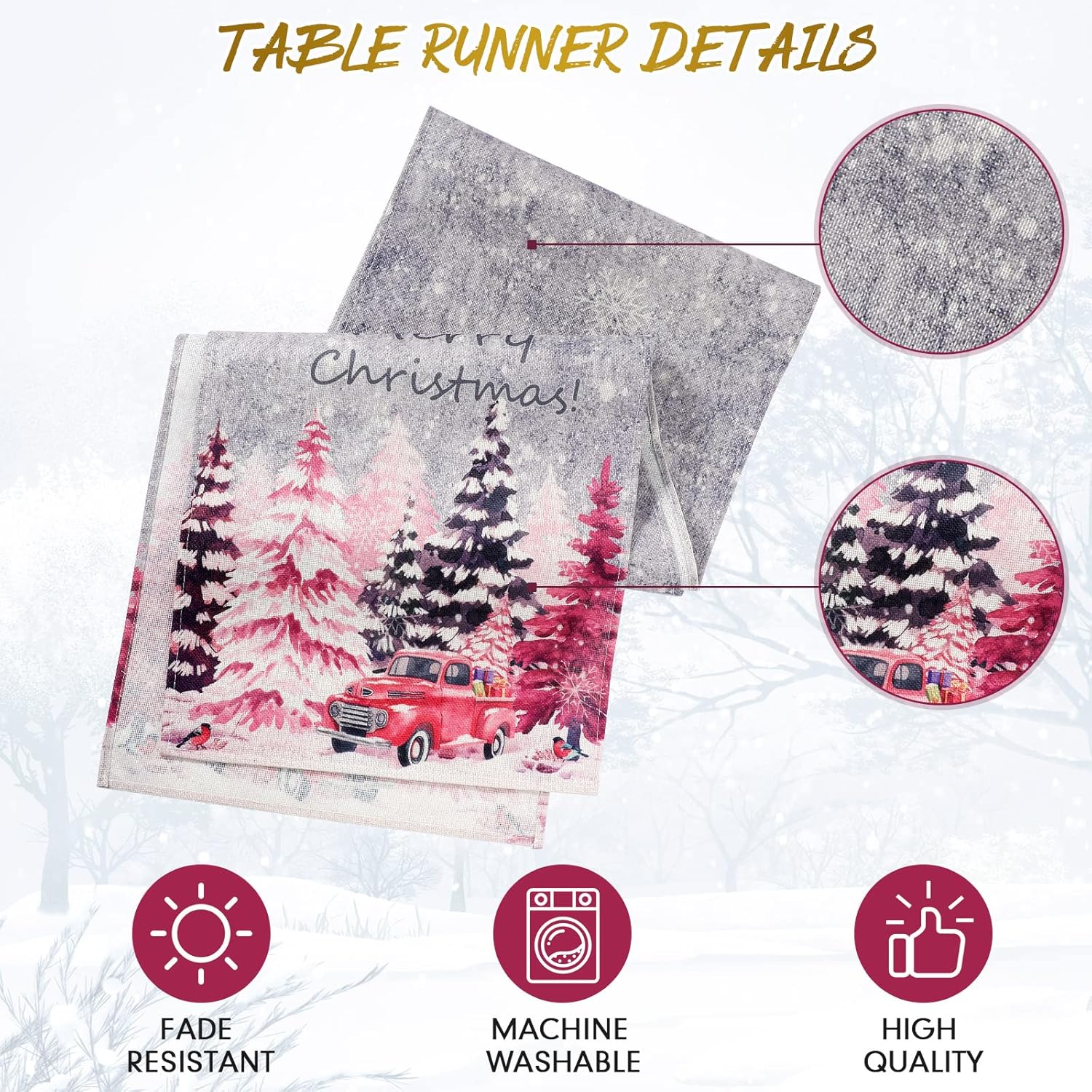 Christmas Tree Table Runner Snowflake Red Truck Table Runner Merry Xmas Farmhouse Winter Holiday Kitchen Dining Decoration For Indoor Outdoor Home Party Decor, 13 X 72 Inch, Pink