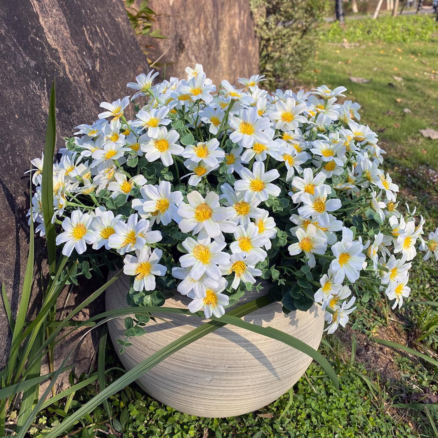 16 Bundles Uv Resistant Artificial Daisy Flowers Fake Eucalyptus Plant Greenery For Indoor Outdoor Shrubbery Pot Home Table Centerpieces (White)