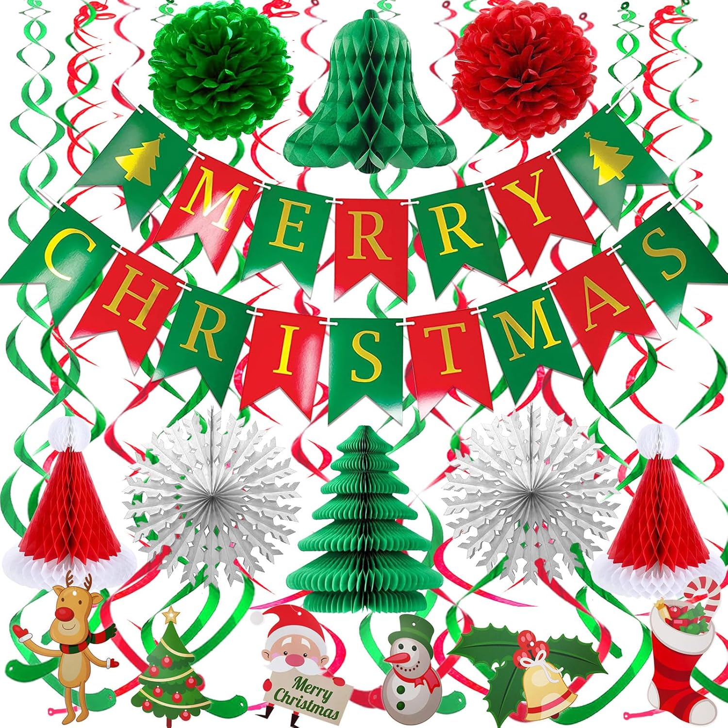 Merry Christmas Hanging Banner Pom Poms Paper Flower Fan Paper Christmas Tree Christmas Hat&Swirl Streamers For Merry Christmas Party Decorations