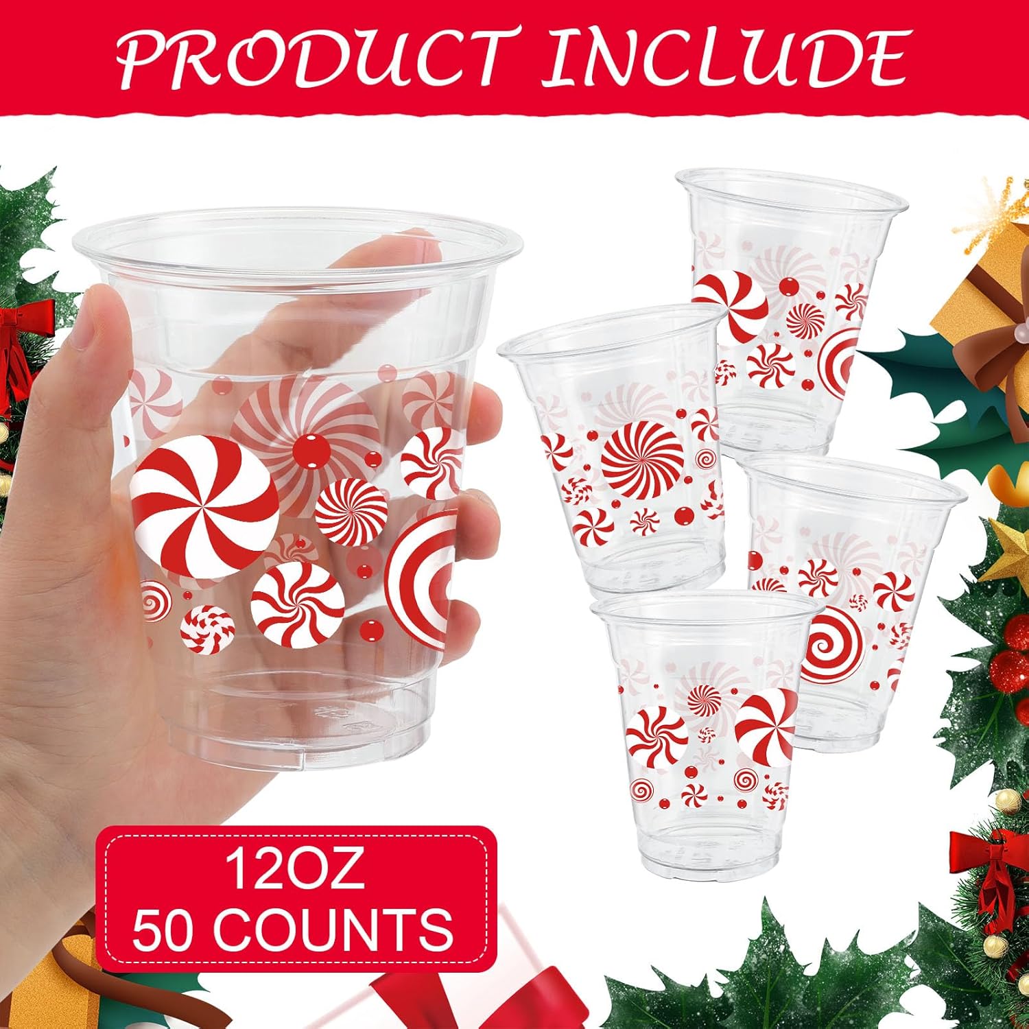 50 Pcs 12Oz Christmas Plastic Cups,Red White Christmas Peppermint Candy Cane Disposable Clear Plastic Cups Juice Soda Beverage Party Favors For Merry Xmas Holiday Themed Decorations Supplies
