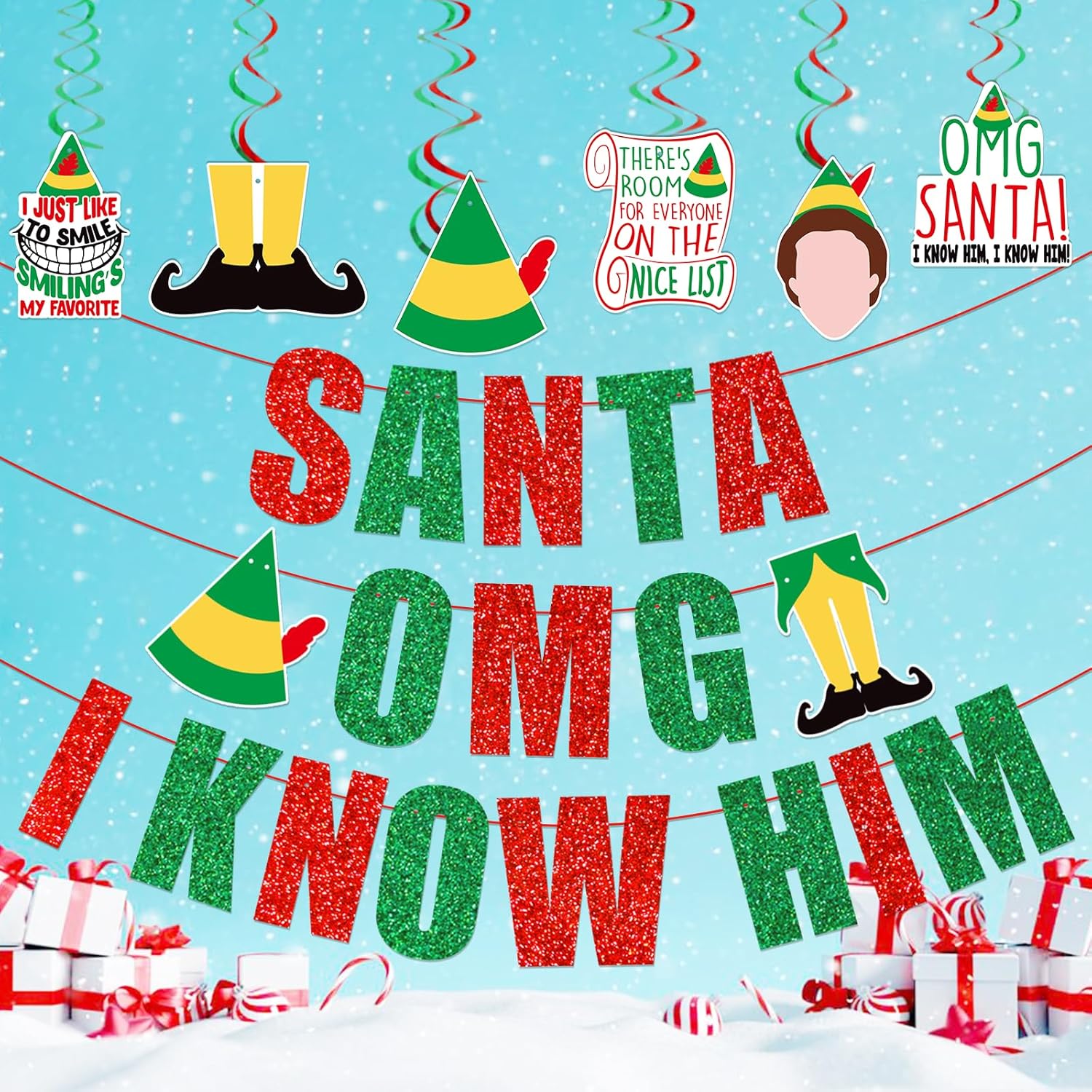 Santa Omg I Know Him Banner,Christmas Party Decorations,Christmas Mantle Home Decor,Buddy The Elf Party Supplies For Kids Boy And Girl