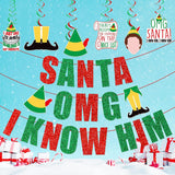 Santa Omg I Know Him Banner,Christmas Party Decorations,Christmas Mantle Home Decor,Buddy The Elf Party Supplies For Kids Boy And Girl