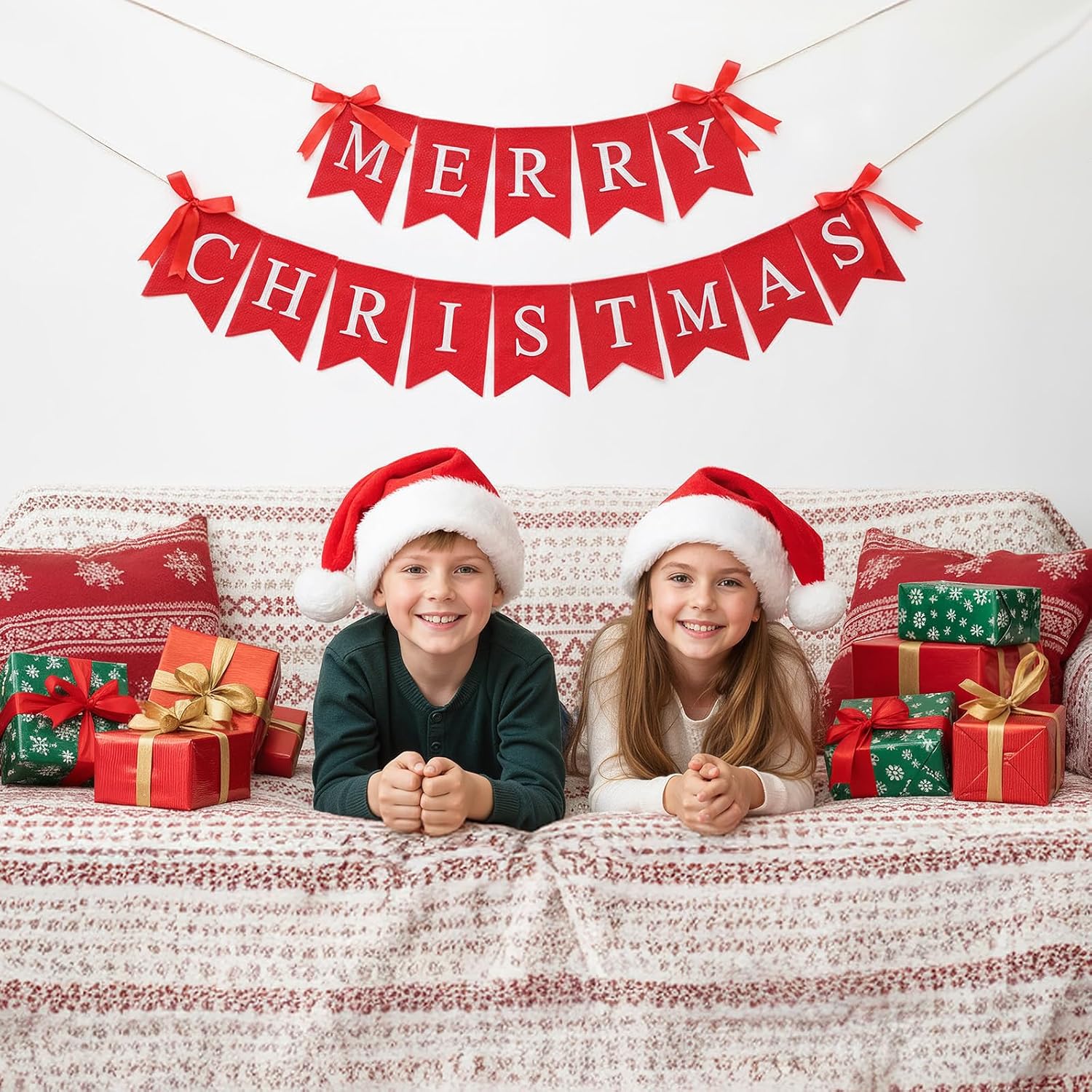 Merry Christmas Banner Xmas Burlap Bunting Garland Christmas Decorations For Fireplace Chimney Wall Tree Party Indoor Outdoor Party Office Classroom(Red)