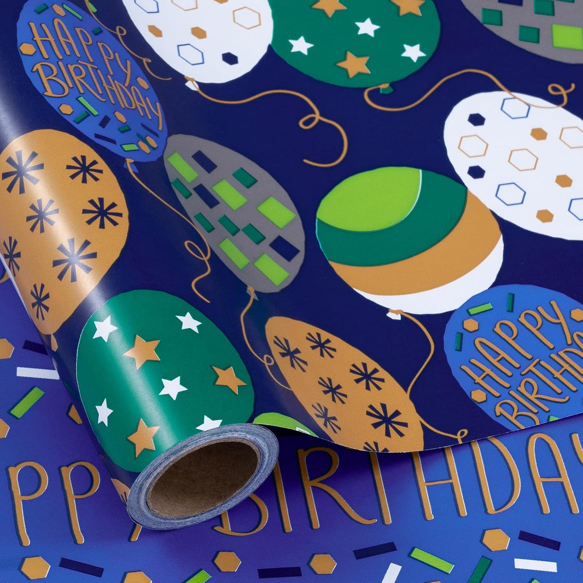 Reversible Wrapping Paper Roll, Blue Happy Birthday Lettering & Balloon Design For Boys, Men'S Party, Mini Roll, 17 In X 32.8 Ft (46.45 Sq Ft)