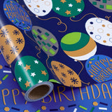 Reversible Wrapping Paper Roll, Blue Happy Birthday Lettering & Balloon Design For Boys, Men'S Party, Mini Roll, 17 In X 32.8 Ft (46.45 Sq Ft)
