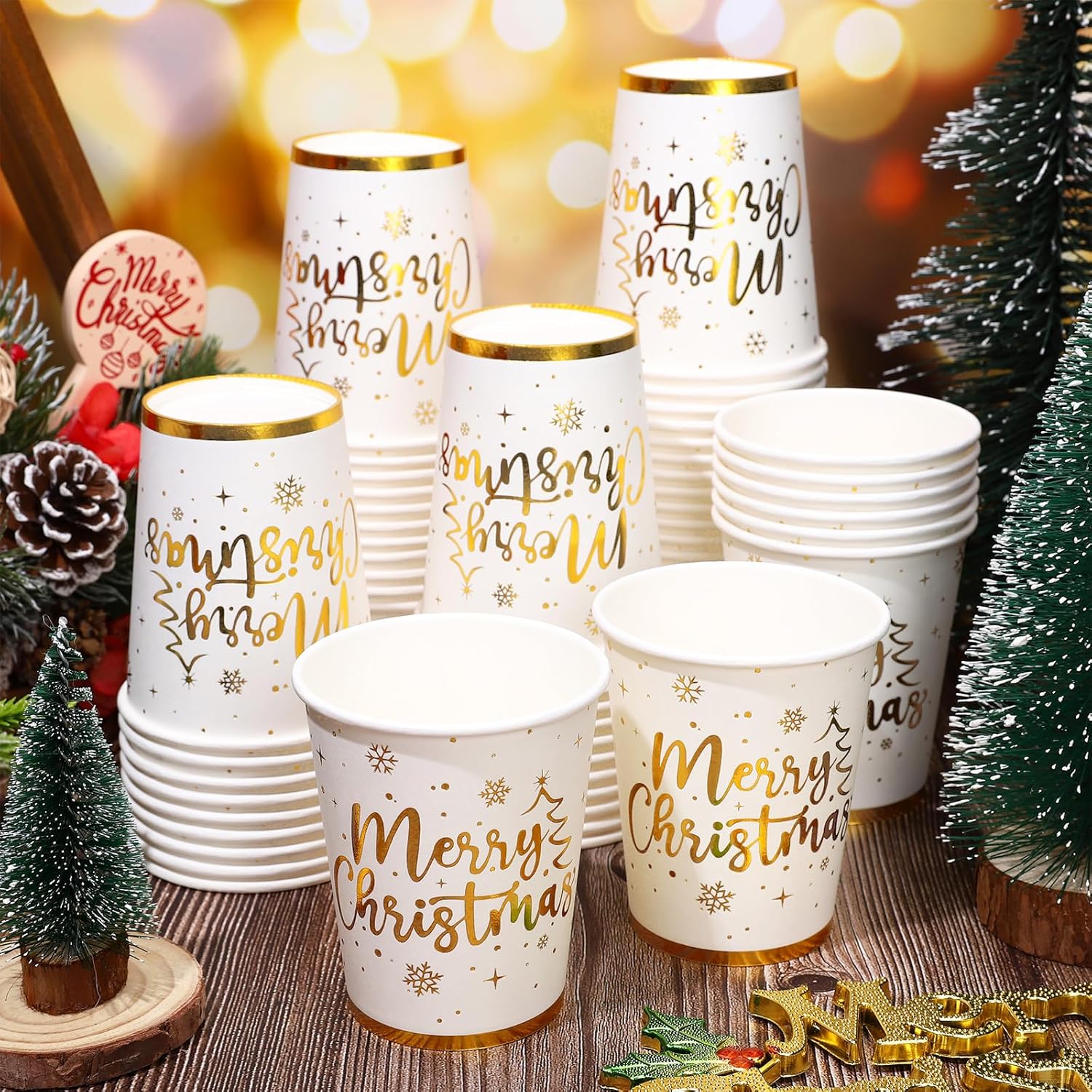 50Pcs Gold Foil Christmas Paper Cups 9 Oz Disposable Coffee Cups Xmas Holiday Party Cups For Hot Cold Beverage Party Supplies