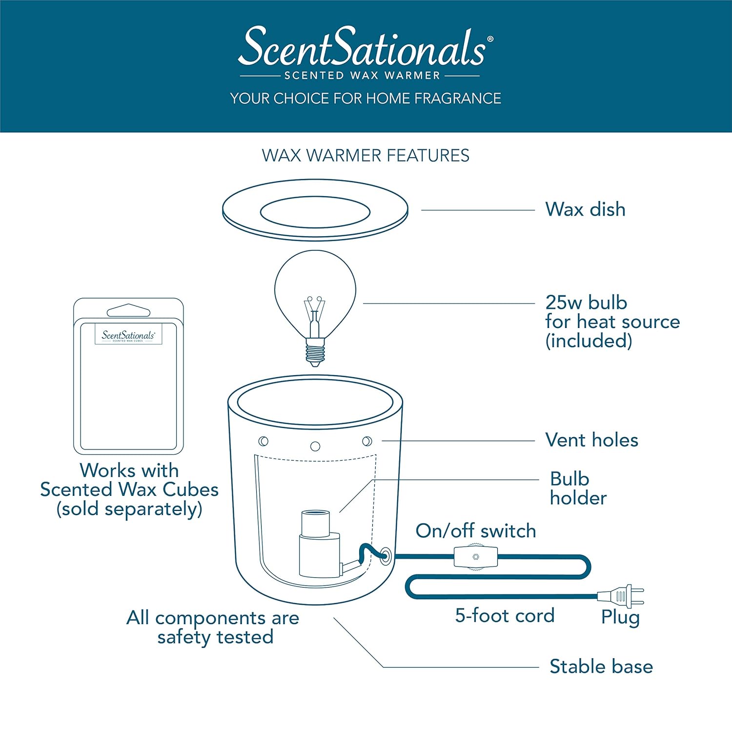 Scentsationals Wax Melt Warmer, for Scented Wax Melts - Thousand Kisses Brown - Fragrance Cubes and Tarts