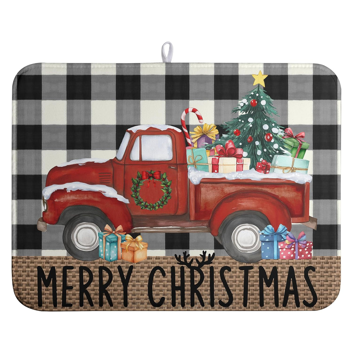 Merry Christmas Truck Dish Drying Mat Winter Large Kitchen Mats Dish Drying Pad Xmas Tree Absorbent Dish Dryer Mat For Kitchen Countertops Microfiber Drainer Pad Dish Drying Mats (18X24 In)