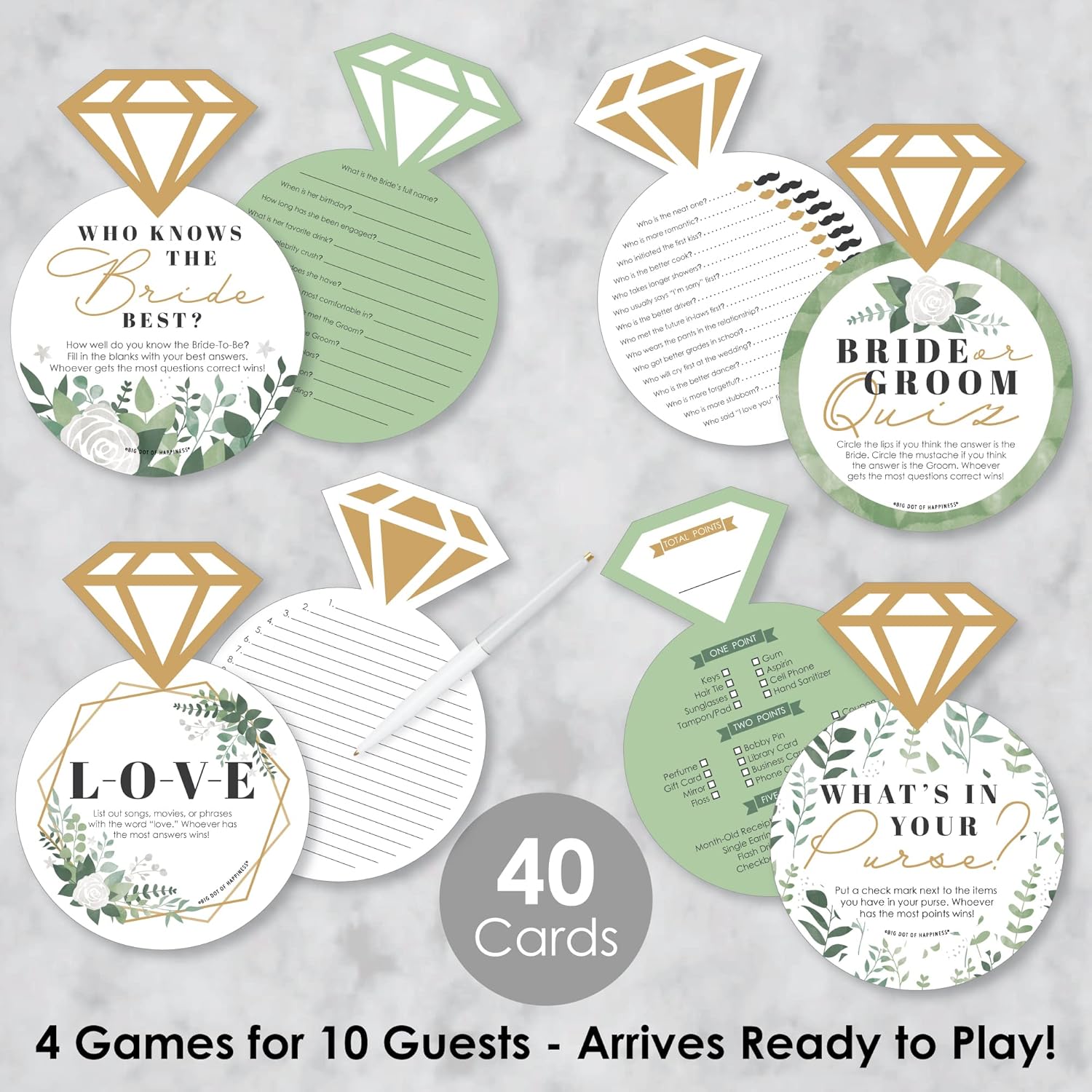 Big Dot of Happiness Boho Botanical Bride - 4 Greenery Bridal Shower Games - 10 Cards Each - Gamerific Bundle