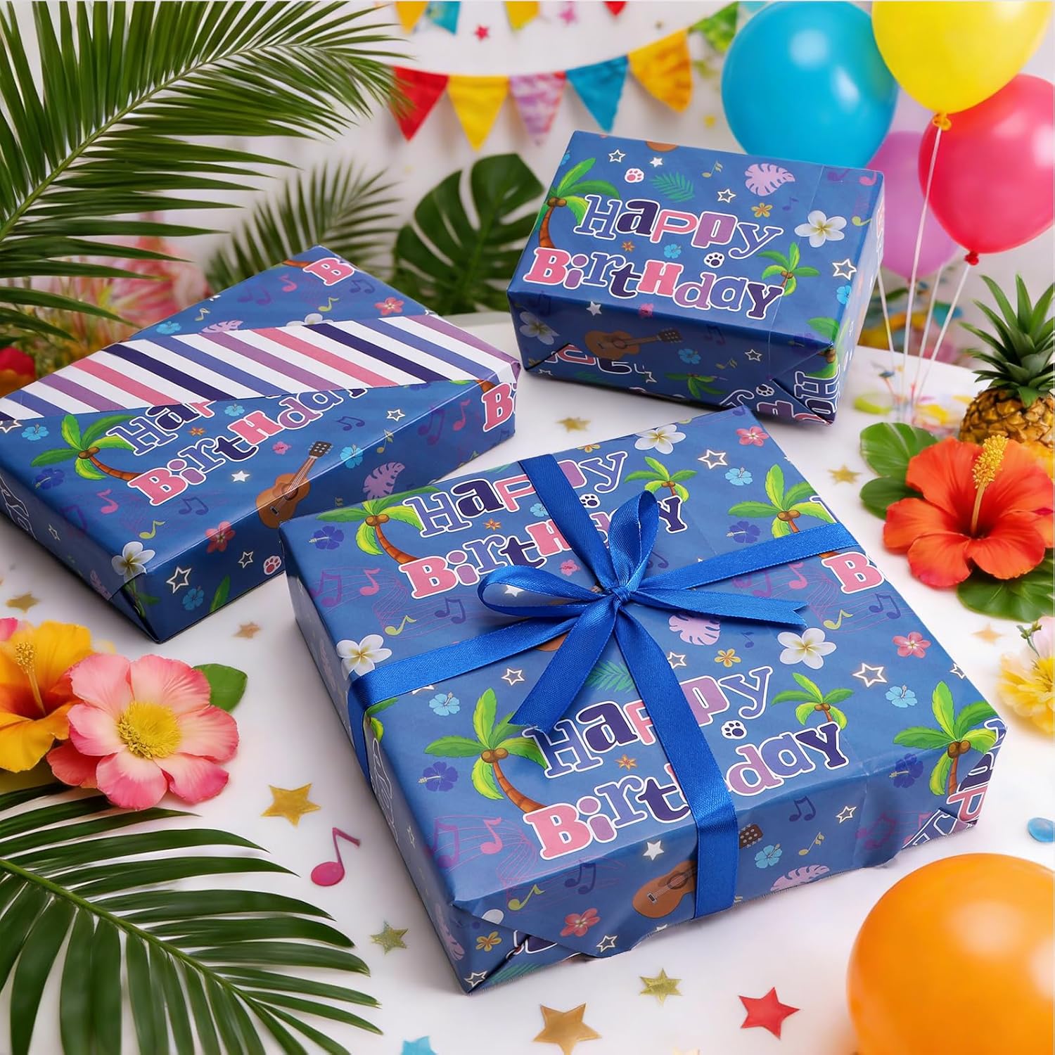 Reversible Hawaiian Happy Birthday Wrapping Paper - 8 Sheets | Hawaii Tropical Plant Flower Print Gift Wrap Paper For Kids’ Birthdays, Baby Showers, Holiday & Aloha-Themed Greetings 19.7" X 27.6"