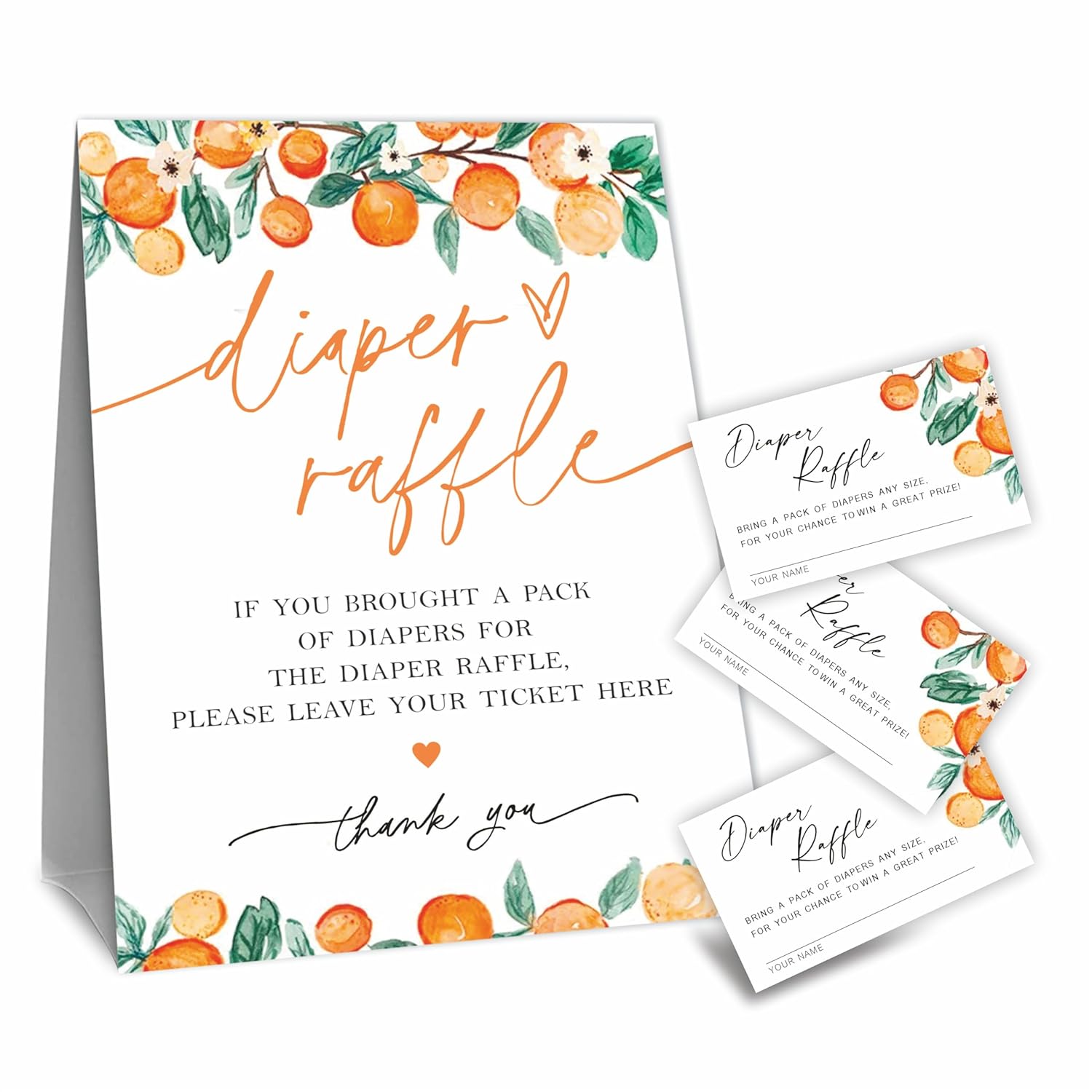 Diaper Raffle Game Kit For Baby Shower, 50 Cutie Orange Diaper Raffle Tickets & 1 Standing Sign, Gender Reveal, Baby Shower Decorations, Party Favor & Supplies - A01