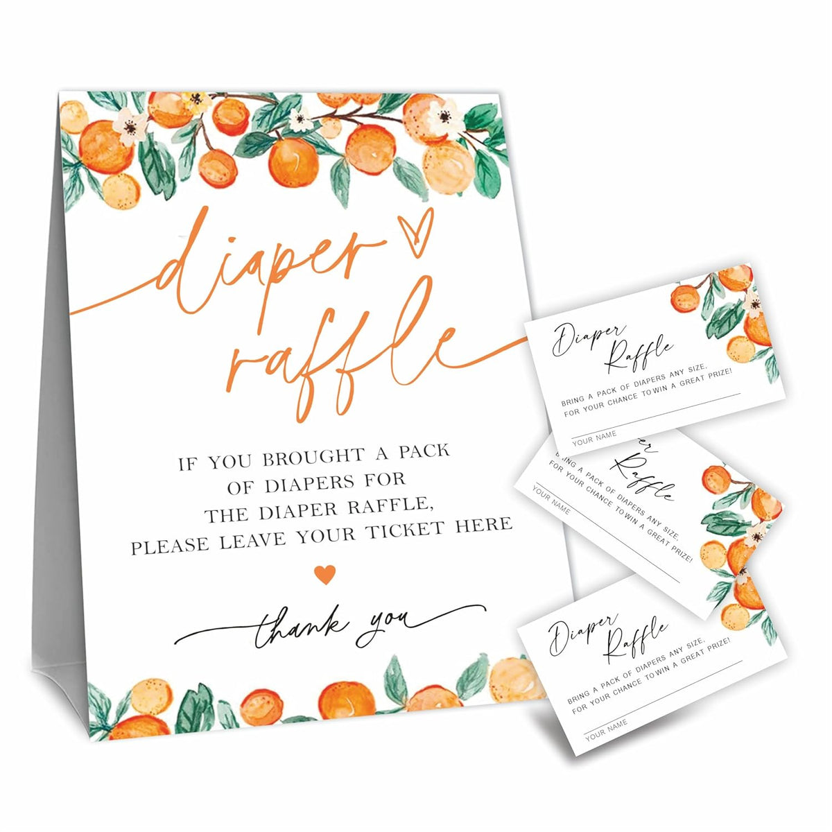 Diaper Raffle Game Kit For Baby Shower, 50 Cutie Orange Diaper Raffle Tickets & 1 Standing Sign, Gender Reveal, Baby Shower Decorations, Party Favor & Supplies - A01