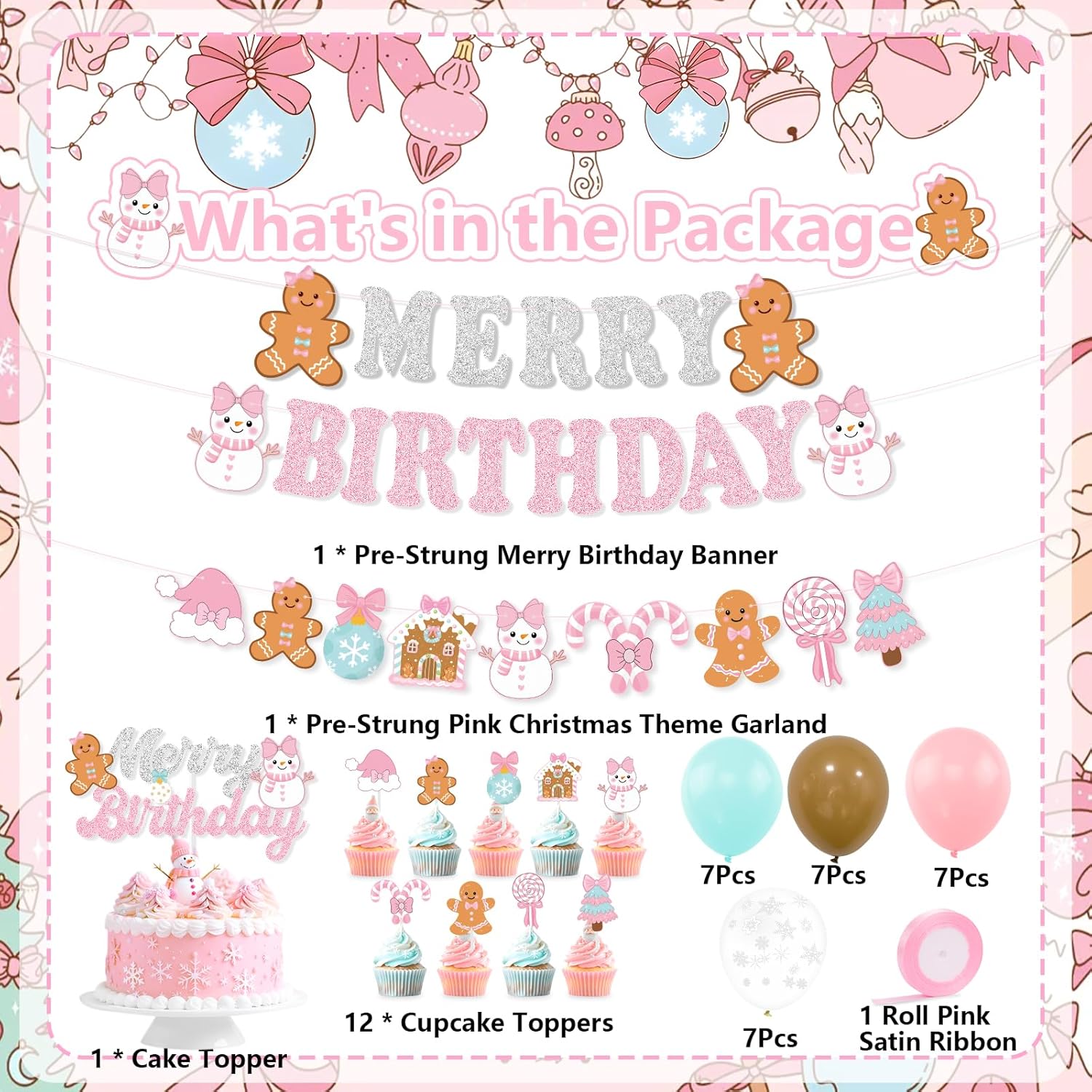 Pink Christmas Merry Birthday Party Decorations, Gingerbread Man Merry Birthday Banner, Cake Topper, Snowflake Balloons For Girls Gingerbread Christmas Decorations Pink Bow Xmas Party