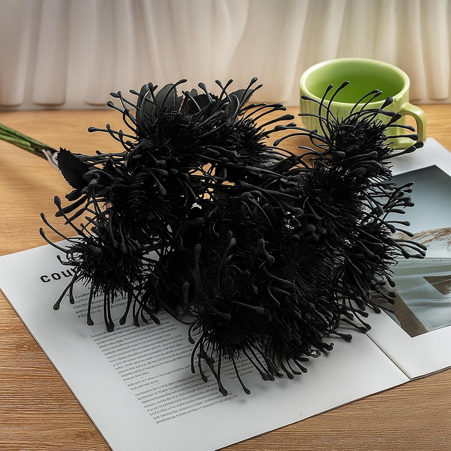 6Pcs Black Artificial Fake Mums Halloween Fall Faux Pincushion Flower Spider Mum Flower For Holiday Table Centerpiece Home Party Decoration