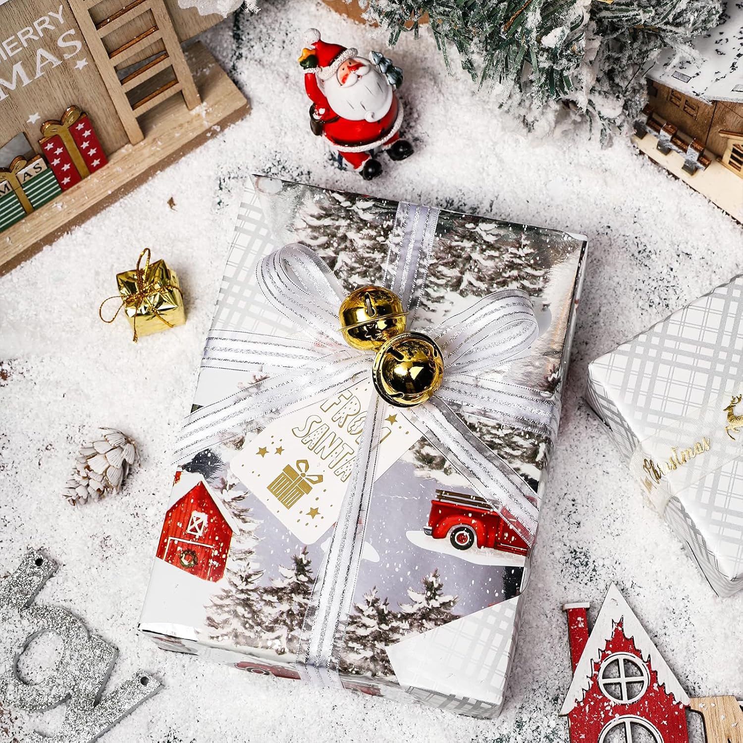 Christmas Silver Wrapping Paper Mini Roll For Boy Kid, Red Truck, Snowy Pine Forest & Grid Plaid, Silver Foil Reversible Design For Winter Holiday Family Gathering, 17 Inches X 32.8 Feet
