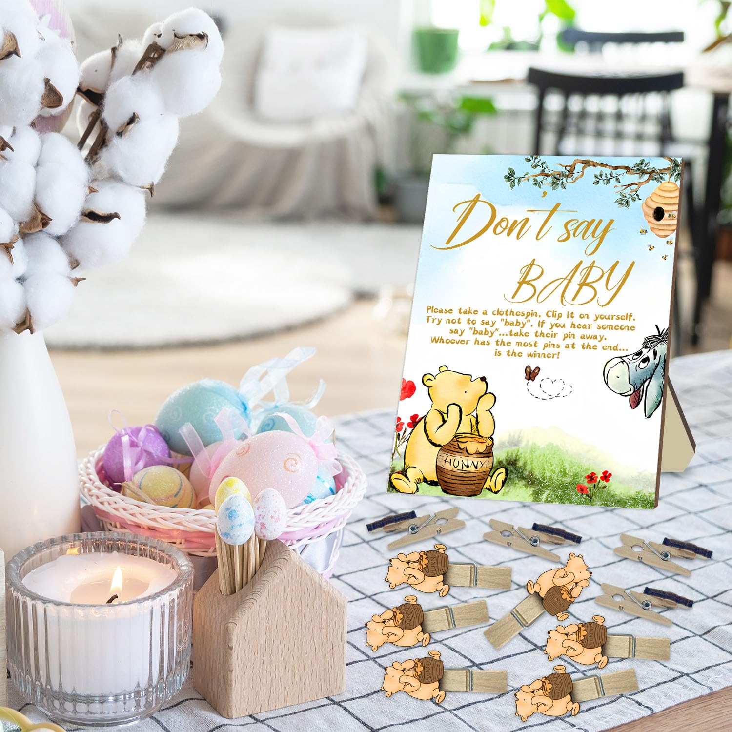 The Pooh Baby Shower Game Set, Include 1 Winnie Don'T Say Baby Game Sign And 20 Mini Winnie Clothespins, Baby Shower Game Decor, Baby Shower Party Decorations Supplies